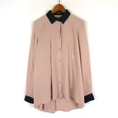 ボナジョルナータ BUONA GIORNATA シャツ ブラウス シフォン シアー クレリック 配色 バック タック ロングテール とろみ 落ち感 長袖 S ピンクベージュ 黒 ブラックのサムネイル