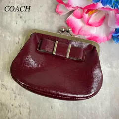 ✨良品✨  COACH コーチ 財布 コインケース がま口 リボン ゴールド金具 小銭入れ クロスグレインレザー レディース ボルドー 赤紫色
