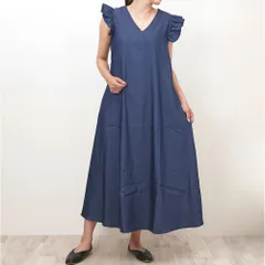 ☆ ネイビー ☆ Mサイズ ☆ デニムワンピース レディース デニムワンピース レディース ワンピース ロングワンピース ロングワンピ デニムワンピ ワンピ デニム ロング丈 ロング フレア袖 Aライン 無地 シンプル Vネック ゆったり 体型カバー