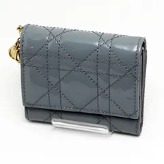 クリスチャンディオール　 レディディオール ロータスウォレット　三つ折り財布　ブルー　グレー　カナージュ　パテントカーフスキン　D.I.O.R.チャーム　ゴールド金具