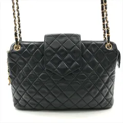 良品 CHANEL シャネル ココマーク チャーム マトラッセ ラムスキン チェーン ショルダー トート バッグ カバン 鞄 ブラック dd10