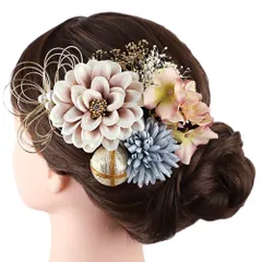 髪飾り 成人式 水引 振袖 前撮り 袴 花 7点セット ピンク 青 グレー 白 ゴールド ラインストーン 菊 カスミソウ 造花 玉飾り No.12-0952