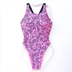 ●SE3E63☆arenaアリーナ競泳水着 Mサイズ 紺ピンク ボーダー英字 ハート柄 可愛くクール オープンバック レディース 練習用水着 フィットネスジムプール ワンピース■