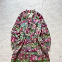 昭和レトロ フリルデザイン 総柄ワンピース ヴィンテージ風 カラフル レトロac