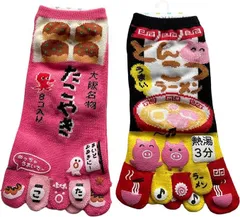 モードセレクト 5本指ソックス レディース キャラクター 2足組 薄手 夏 くるぶし丈 たこ焼き 卵かけごはん 5本指靴下 可愛い 2柄2足セット 色お任せ(マルチカラー,  22.0-25.0 cm)