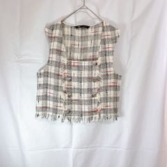 美品 ZARA ザラ レディース ベスト ジレ S ツイード フリンジ ホワイト ブラック アイボリー レッド チェック シルバー ラメ 銀ボタン キレイめ スクエアーネック 短丈 カジュアル フォーマル お仕事着 おしゃれ 春 夏
