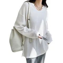 【特価セール】カットソー 無地 ワッフルチェック トップス ティーシャツ シンプル Vネック 可愛い ゆったり 長袖 大きいサイズ Tシャツ 体型カバー 着せ レディース カジュアル 大人 XTRA] 普段着 通学 [MEME 春秋