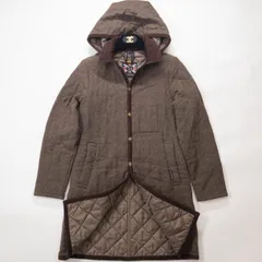 【美品】LAVENHAM ラベンハム レディース 2way中綿キルティングコート フード取外し可 ウール100 襟コーデュロイ 茶 ブラウン 38/M ロゴ ジャケット