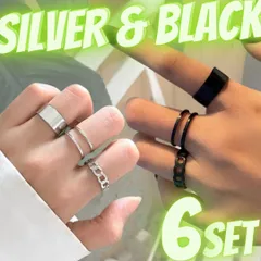 新品 ６個 セット 銀 黒 リング フリーサイズ 指輪 韓国 メンズ レディース シルバーリング 6個セット 指輪 まとめ売り シンプル 男女兼用 ユニセックス まとめ売り サイズ おしゃれ 18 リングピローリングゲージ 計測 送料無料 M0423