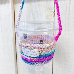 コットン糸で編んだドリンクホルダー　ピンク、紫、緑と金糸