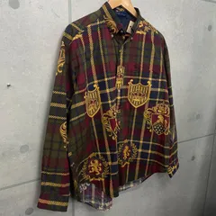TOMMY HILFIGER トミーヒルフィガー 総柄 エンブレム クラウン 紋章 BDシャツ ボタンダウンチェックシャツ Lサイズ オーバーサイズ 大きいサイズ グリーン ワインレッド ブラウン系 古着 old ヴィンテージ オールド