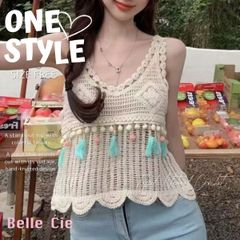 トップス クロシェ キャミソール サマーニット タッセル クロップド 春夏 レディース 韓国ファッション ナチュラル ボヘミアン 重ね着 リゾート