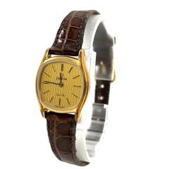 OMEGA オメガ Deville デビル レザー×SS/QZ プッシュ式リューズ ゴールド文字盤 レディース腕時計 稼動品【PF-120】
