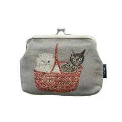【松尾ミユキ / Matsuo Miyuki】グレー×カゴ入り二匹猫　がま口ポーチ｜白黒ネコ｜Mini Purse Matsuo Miyuki