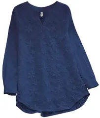 [エンプティオ] 花柄 ブラウス 長袖 レディース シフォン チュニック 襟なし エレガント レース ゴシック トップス ユッタリ スキッパー シフォンブラウス カジュアル フンワリ セレモニー 薄手 韓国風 開襟 キレイめ 着 [ネイビーブルー] [2XL]