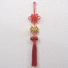 獅子舞 顔 鈴付き 根付 5cm 金属製 赤
