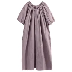 ルームウェア ワンピース 綿100％ 半袖 ダブルガーゼ 通気性 吸収性 肌にやさしい 敏感肌 ロング丈 ひざ下 ゆったり ポケット付き 袖口ゴム 紫 緑 rr-050