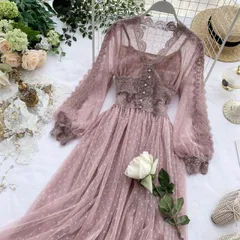 チュール ワンピース ロングスカート フレアワンピース ティアードワンピース ワンピドレス ロング ロング丈 長袖 ボリューム袖 パフスリーブ Vネック フレア レース チュール シフォン ウエストマーク ハイウエスト 透け感 シースルー パール かわいい き