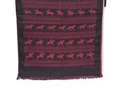 新品同様 エルメス マフラー 馬柄 ストール フリンジ カシミヤ シルク パープル ブラック リバーシブル ブラック 黒 紫系 男女兼用 メンズ レディース HERMES