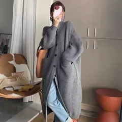 【新品//秋冬入荷】レディース ニット ロング 長袖 ポケット フリーサイズ オーバーサイズ  秋冬 暖か 黒 ブラック グレー ベージュ 3色 ポケット