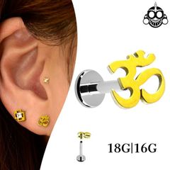トラガスピアス 金属アレルギー対応 18G 16G ゴールド 梵字 Ohm Symbol ピアス つけっぱなし チタン素材 インターナル ラブレットスタッド ボディピアス ロブ 軟骨ピアス