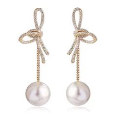【新着商品】18金キラキラ ピアス リングS925銀の針 金属アレルギー対応 ファッションアクセサリーイヤリング 人気 レディース ジルコニアロングピアス MOUPちょう結びパール