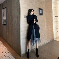 セットアップ フレアスカート チュールスカート ミモレ ミモレ丈 袖あり 長袖 萌袖 ハイネック タートルネック 襟なし フレア Aライン レース チュール シフォン フリル 透け感 シースルー ニット 上下セット 2点セット かわいい 大人可愛い きれいめ 