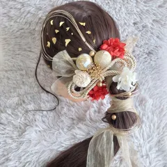 ヘッドドレス 髪飾り＊結婚式 成人式 卒業式 和装 打掛 振袖 袴~ボリューム多め リボン パール 和玉 ロープ 水引 金箔~レッド 赤 17本