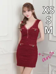 ワインレッド　 [AOC 3489-B-2308]【an/アン】フロントジップ/ ボタンデザイン/ スパンコール/ ノースリーブ/ ストレッチ/ タイト/ ミニドレス/ キャバドレス [AOC3489-B-2308]