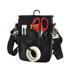 4WAY ミニサコッシュ カラビナ ベルトポーチ ミニショルダー スマホポーチ シザーバッグ ナースポーチ 介護ポーチ 作業ポーチ 腰袋 スマホ2台持ち対応 ウエストベルト ショルダーベルト付き 撥水 防傷加工 A6ノー [ブラック] [M マチサイズUP版]