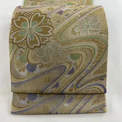 【美品】 袋帯 秀品 振袖向き 桜 流水 箔 金糸 金色 六通 正絹 【中古】