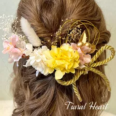 髪飾り 卒業式 桜 イエロー  成人式 結婚式ドライフラワー 紐リボン 和装