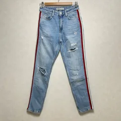 ZARA BASIC ザラベーシック クラッシュ加工 サイドライン スキニーデニム サイズ34 ラメ入りライン