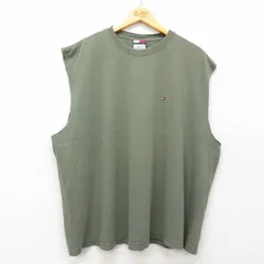 XL/古着 トミーヒルフィガー ノースリーブ ブランド Tシャツ メンズ 90s ワンポイントロゴ 大きいサイズ コットン クルーネック 濃緑 グリ