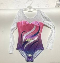 US14サイズ/ Poly Unicorn PINKカラーロングスリーブ 長袖レオタードシュシュ付　ツルスベ メタリック 　キラキラ ラインストーン
