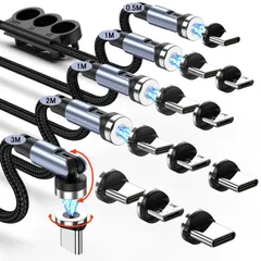 clenye マグネット 充電ケーブル 【5本セット/0.5+1Mx2+2M+3M＆12コネクタ】 LEDライト内蔵 USBケーブル 3in1 充電器 マグネット 540°回転可能 急速充電 防塵 USBC Micro USB Phone 全機種/