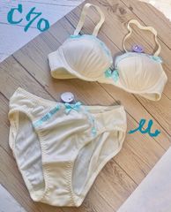 リボンレースブラ上下セット　イエロー系ブラジャーC75・ショーツM　   T056