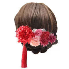 [Kingsiely] 髪飾り 和装 9点セット 花 タッセル ヘアピン Uピン ヘアアクセサリー 成人式 七五三 卒業式 着物 浴衣 振袖 (レッド)