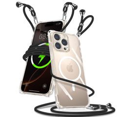 【在庫処分】ワイヤレス充電対応(ブラック) 紛失防止 落下防止 取り外し可能 長さ調整可能 織りストラップ付き 紐付き 携帯ケース TPU 透明 縄掛けケース 斜めかけ 肩掛け カバー Pro Pro Pro アイフォン16 マグセーフ対応 携帯ストラップ ス
