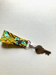 アフリカ布ストラップキーホルダー黄ブルー植物柄