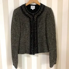 美品 アルマーニ ARMANI ノーカラー ツイード ラメ ネイビー フリンジ 美品 アルマーニ ARMANI ノーカラー ツイード ラメ ネイビー