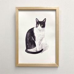 かわいい小サイズ！手作り額付き銅版画作品 title「ずんぐりニャンコ 