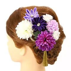 髪飾り 成人式 つまみ細工 振袖 前撮り 袴 浴衣 夏祭り 花火大会 豪華5点セット 紫 薄紫 白 ゴールド 房付き 組紐 ラインスト No.9-4195