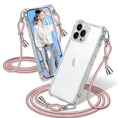 iPhone 12 Pro ケース クリア ショルダー 耐衝撃 iPhone12Pro スマホケース 透明 織りストラップ付き 肩がけ 首掛け 紐付き アイフォン12Pro カバー 縄掛け シングルショルダーロープ 斜めがけ 調節可能なショルダー クロスボ 0