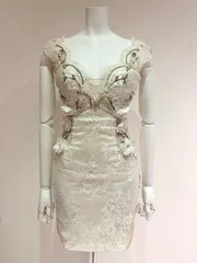1426 ROBE de FLEURS ローブドフルール キャバクラ ドレス 総レース ストーン フラワー スパンコール タイト ミニ ノースリーブ キャバドレス S