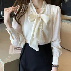 ボウタイ長袖ブラウス シャツ ボウタイ ロングスリーブ Vネック レディース オフィス カジュアル オシャレ かわいい 白 黒 グレー 春 秋 ホワイト エレガント