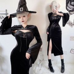 ハロウィン コスプレ レディース ウィッチ 仮装 衣装 大人 ハロウィン 衣装 巫女 魔女 コスチューム ハロウィンコスプレ ブラック 黒 ベロア ワンピース ロング