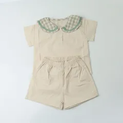 ☆ ベージュ ☆ 73cm ☆ ベビー服 キッズセットアップ ベビー服 セットアップ ベビー 男の子 女の子 半袖 上下セット 赤ちゃん 新生児 子供服 おしゃれ 半ズボン 短パン セーラー 襟 かわいい 可愛い 春 夏 秋 キッズ服 柄 チェック コットン