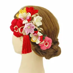 髪飾り 成人式 つまみ細工 赤 振袖 前撮り 袴 浴衣 夏祭り 花火大会 豪華3点セット ピンク 白 黄色 梅 ちりめん 房付き 組紐 No.9-3340