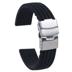 時計ベルト バンド 黒×シルバー バネ棒付属 シリコン 交換 サイズ全4種